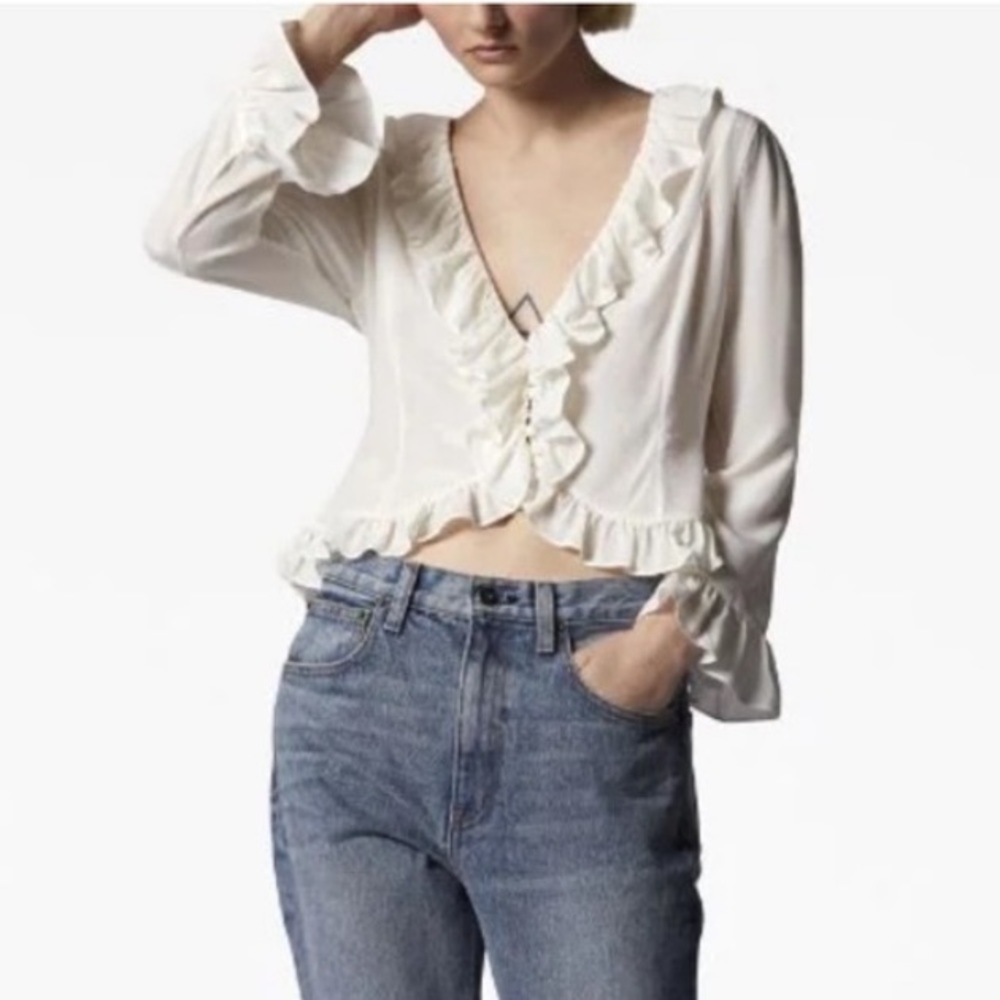NWT Equipment femme Yasmina white 100% silk ruffle blouse   Size S